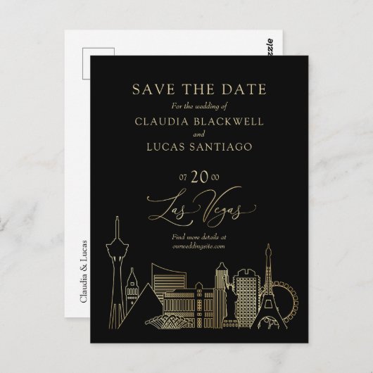 Las Vegas Black and Gold Wedding Postkarte (Vorne/Hinten)