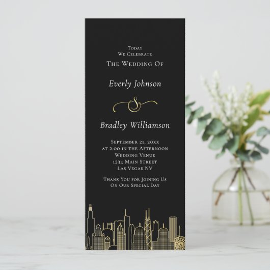 Las Vegas Black Gold White Skyline Wedding Program (Stehend Vorderseite)