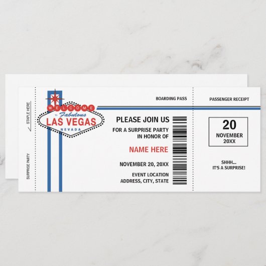 Las Vegas Boarding Pass Einladungen (Vorne/Hinten)