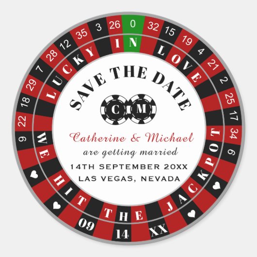 Las Vegas Casino Roulette Rad Save the Date Runder Aufkleber (Vorderseite)