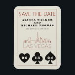 Las Vegas Casino Skyline Wedding Save the Date Magnet<br><div class="desc">Eine lustige und moderne Hochzeit Save the Date Magnet, um Ihre Gäste für Ihre Hochzeit in Las Vegas zu begeistern! Save the Date mit grafisch schwarzen, fett formatierten Anzug-Grafiken, einem modernen Las Vegas Skyline-Rendering und vollständig anpassbarem Schriftart und Text auf Elfenbein-Creme-Hintergrund. Auf der Rückseite können Sie für Ihre eigene Hochzeitswebsite...</div>