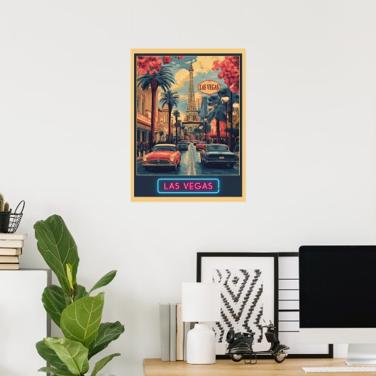 Las Vegas Cityscape mit Eiffelturm - Retro Poster (Heimbüro)