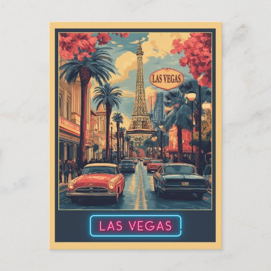 Las Vegas Cityscape mit Eiffelturm - Retro Postkarte (Vorderseite)