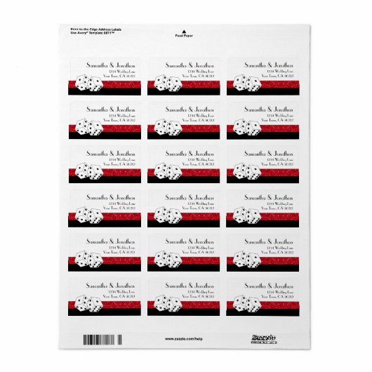 Las Vegas Dice Theme Ruby Red & Black Imitats Glit Adressaufkleber (Vorne)