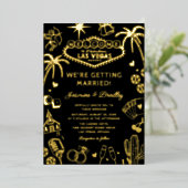 Las Vegas Fun Doodle Wedding Black & Gold Folieneinladung (Stehend vorne)