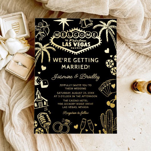 Las Vegas Fun Doodle Wedding Black & Gold Folieneinladung