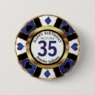 Las Vegas Happy Birthday in Dark Blue Poker Chip Button
