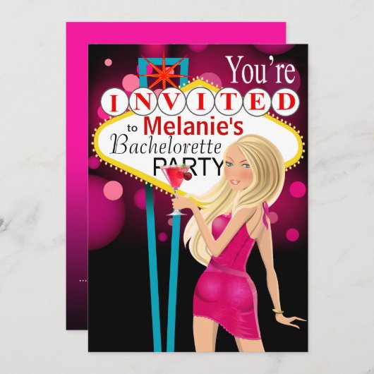 Las Vegas Junggeselinnen-Abschied fuschia Einladung (Vorne/Hinten)