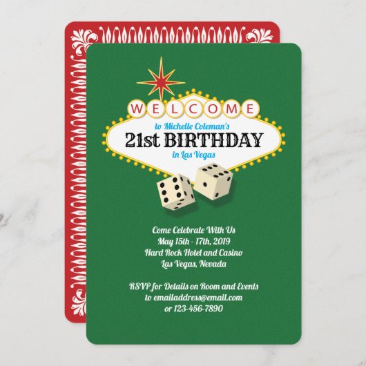 Las Vegas Marquee Birthday Party Green Einladung (Vorne/Hinten)