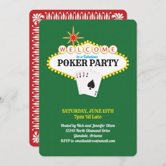 Las Vegas Marquee Sign Poker Party Green Einladung (Vorne/Hinten)