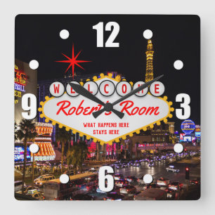 Las Vegas Night Stil Ihre Text Square Wall Clock Quadratische Wanduhr