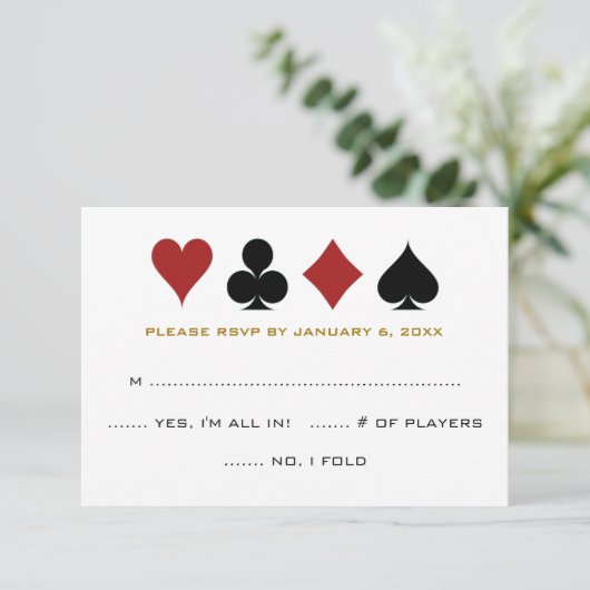 Las Vegas Poker Card Anzug Gold White Wedding RSVP (Stehend Vorderseite)