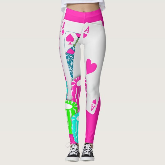 Las- Vegaskasino-Kartenspielblackjack-Poker-Rosa Leggings (Vorderseite)