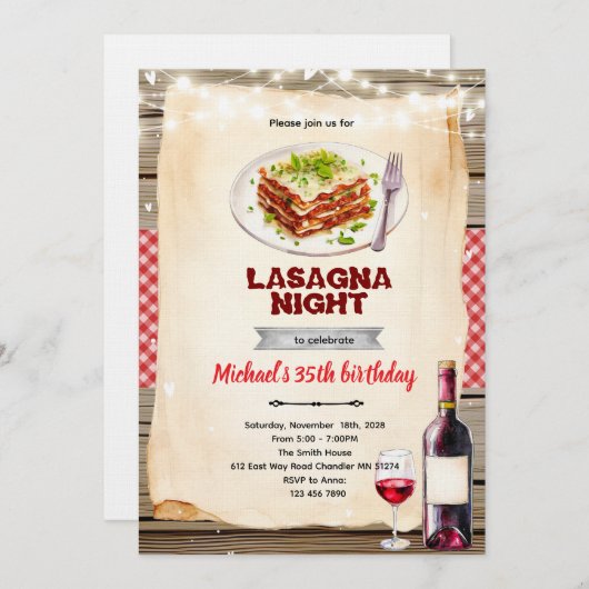 Lasagna and Wine night party invitation Einladung (Vorne/Hinten)