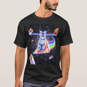 Laser-Augen Weltraumkatze reitet auf Regenbogenpiz T-Shirt