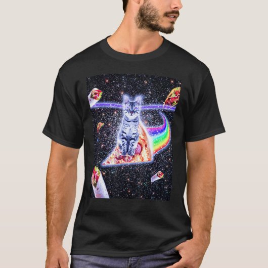 Laser Eyes Space Cat Rainbow Pizza T-Shirt (Vorderseite)