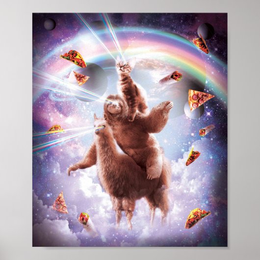 Laser Eyes Space Cat Riding Sloth, Llama - Regenbo Poster (Vorne)