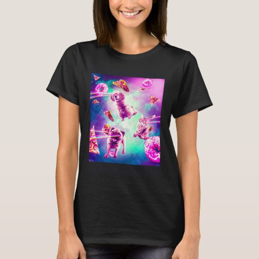 Laser Eyes Space Cat With Dog Pug Rainbow T-Shirt (Vorderseite)