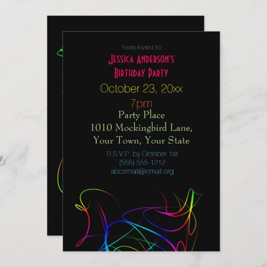 Laser Neon Lights Birthday Einladung (Vorne/Hinten)