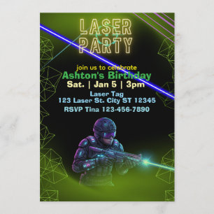 Laser Tag Geburtstag, Neon und Schwarz Einladung