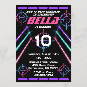 Laser Tag Girls Neon Pink Lila Beams Geburtstag Einladung