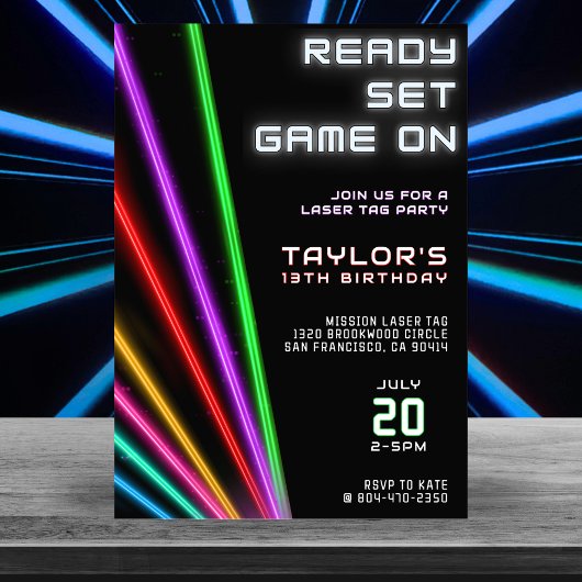 Laser Tag Neon Light Geburtstagsparty Einladung