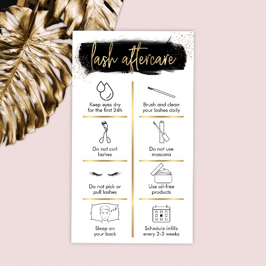 Lash Aftercare Guide Black & Gold Glitzer Salon Visitenkarte