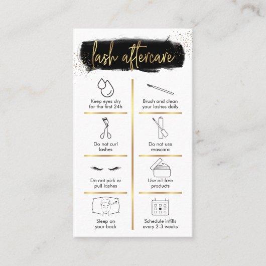 Lash Aftercare Guide Black & Gold Glitzer Salon Visitenkarte (Vorderseite)