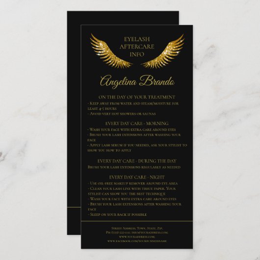 Lash Aftercare Info Gold Glitzer Wings Black Dankeskarte (Vorne/Hinten)