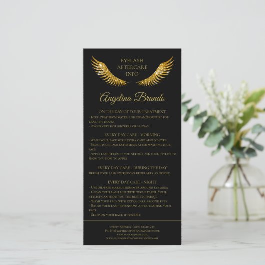 Lash Aftercare Info Gold Glitzer Wings Black Dankeskarte (Stehend Vorderseite)