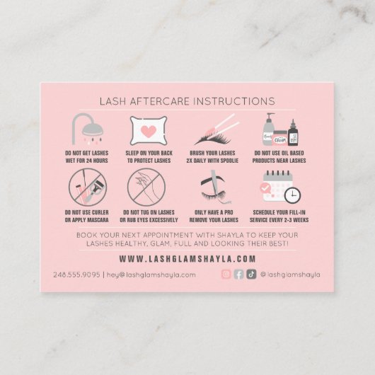 Lash Aftercare Instructions Extensions Care Cards Visitenkarte (Rückseite)