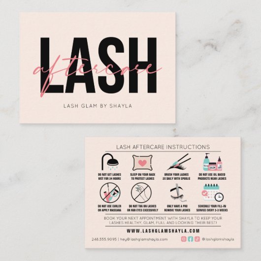 Lash Aftercare Instructions Extensions Care Cards Visitenkarte (Vorne/Hinten)