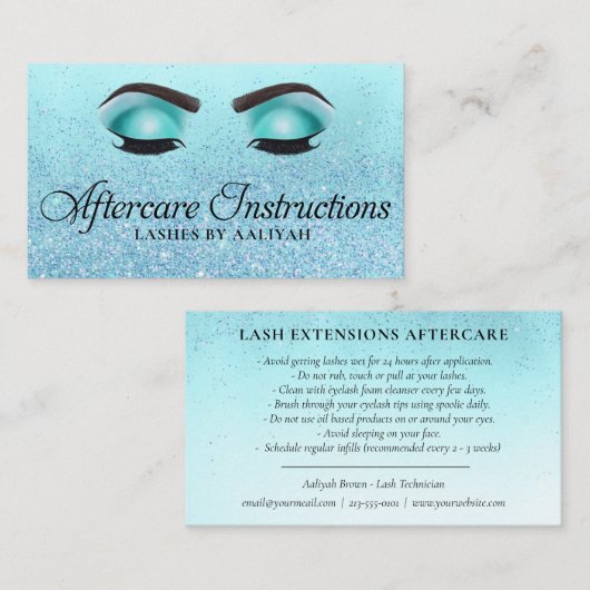 Lash Aftercare Instructions Turquoise Glam Glitzer Visitenkarte (Vorne/Hinten)