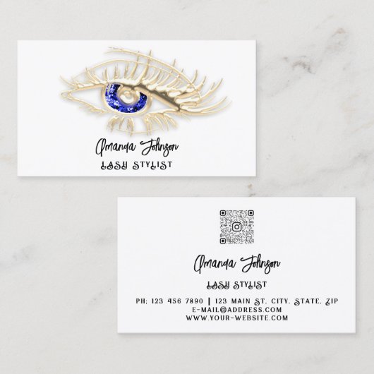 Lash Brow Makeup Logo White Blue Eye Qr Code Gold Visitenkarte (Vorne/Hinten)