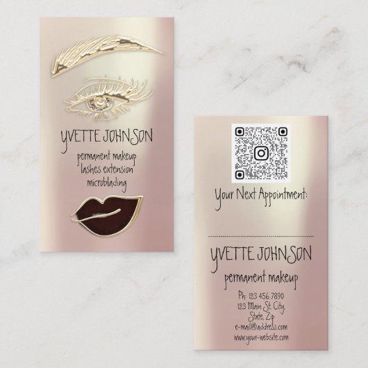 Lash Brow Permanent Makeup QRCode Gold Black Lips Visitenkarte (Vorne/Hinten)