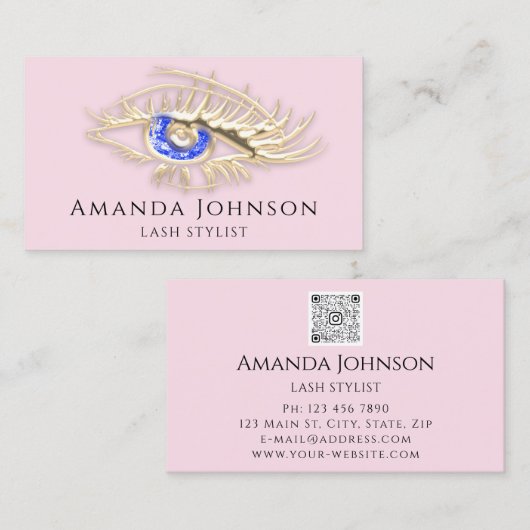 Lash Brows Makeup Logo Blue Eye Qr Code Rosa Gold Visitenkarte (Vorne/Hinten)