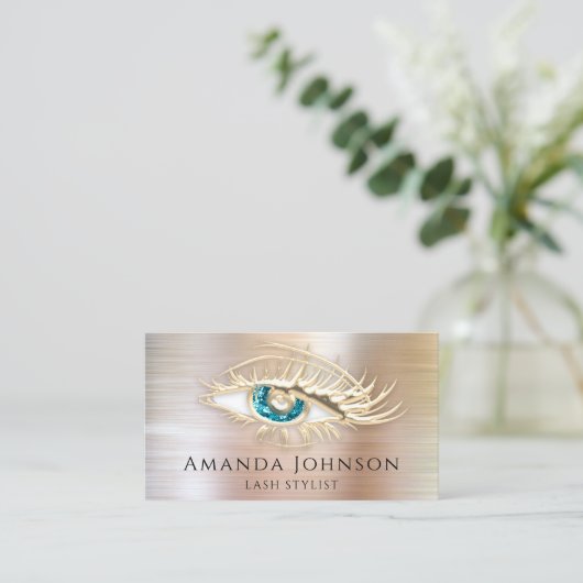 Lash Brows Makeup Logo Blue Eye Qr Code Rose Gold Visitenkarte (Stehend Vorderseite)
