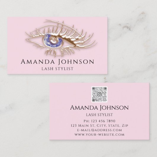 Lash Brows Makeup Logo Blue Eye Qr Code Rose Gold Visitenkarte (Vorne/Hinten)
