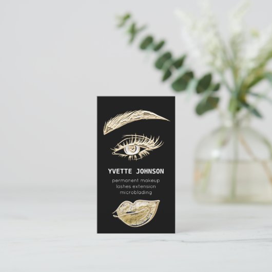 Lash Brows Permanent Makeup Logo QRCode Black Gold Visitenkarte (Stehend Vorderseite)