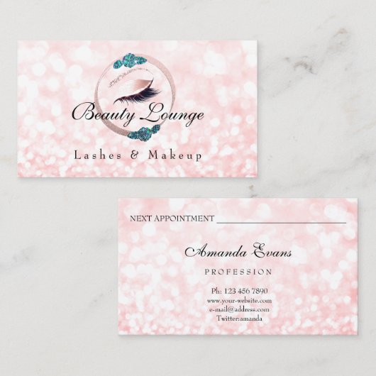 Lash Extension Makeup Artist Floral Glitzer Blue Terminkarte (Vorne/Hinten)