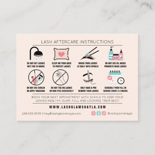 Lash Extensions Aftercare Instruction Care Cards Visitenkarte (Rückseite)