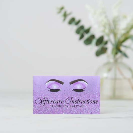 Lash Extensions Aftercare Lila Glam Glitzer Eyes Visitenkarte (Stehend Vorderseite)