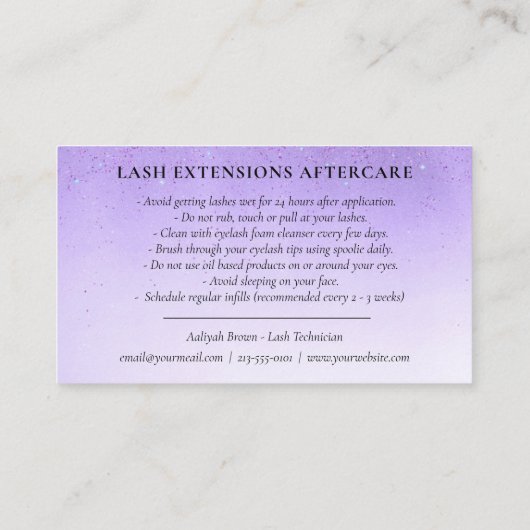 Lash Extensions Aftercare Lila Glam Glitzer Eyes Visitenkarte (Rückseite)