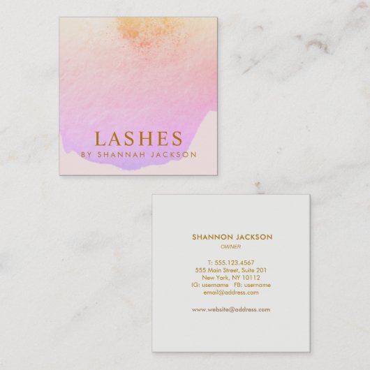 Lash Extensions Trendy Pink Wasserfarbe Abstrakt Quadratische Visitenkarte (Vorne/Hinten)