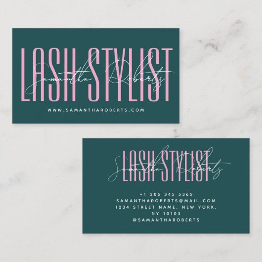 Lash stylist modern typography script green pink visitenkarte (Vorne/Hinten)