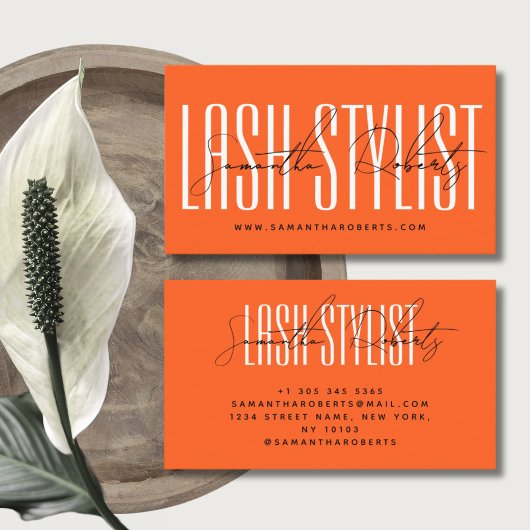 Lash Stylist moderne Typografie Drehbuch neonange Visitenkarte