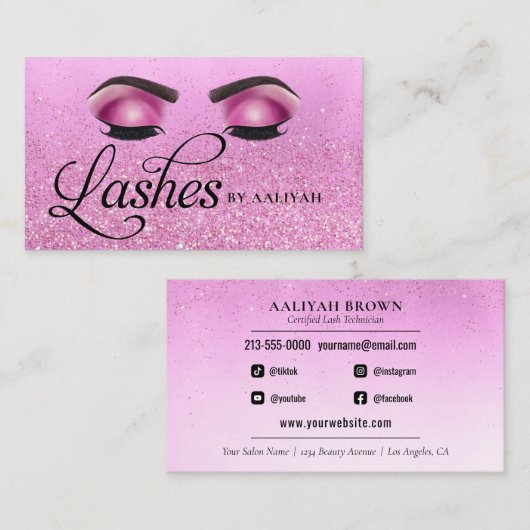 Lash Tech Pink Glam Glitzer Eyes Luxury Salon Visitenkarte (Vorne/Hinten)
