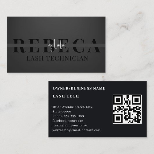 Lash Tech Salon Foto Black Luxury QR Code Visitenkarte (Vorne/Hinten)