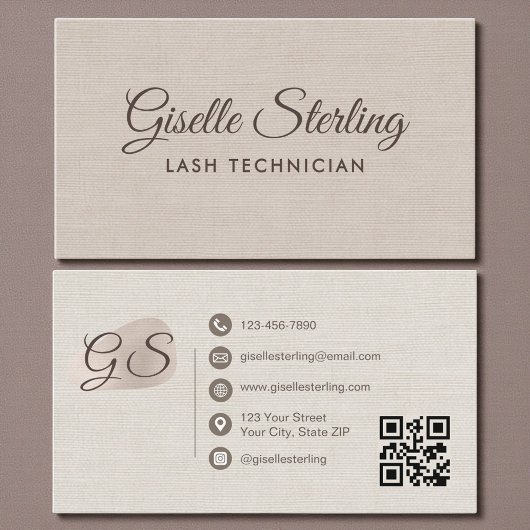 Lash Technician Beige Linen Modern Elegant QR Code Visitenkarte