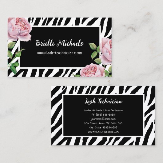 Lash Technician Glam Zebra Rose Visitenkarte (Vorne/Hinten)